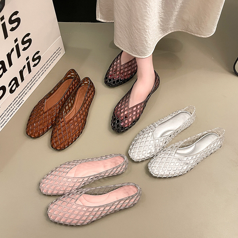 Crystal Mesh Fabric - 여름용 플랫 젤리 샌들, 피쉬넷 속이