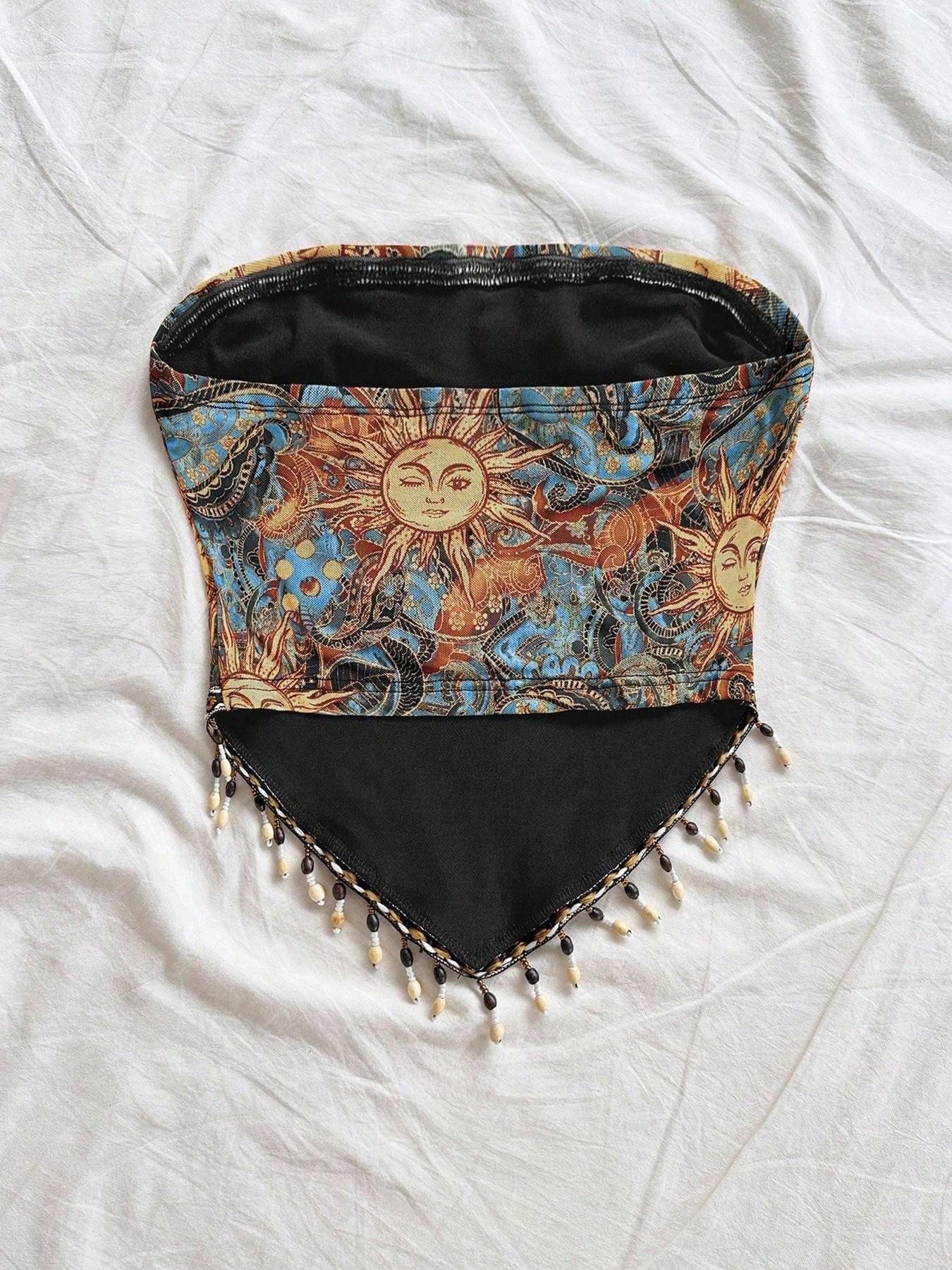 여성용 1피스 프린트 메쉬 니트 튜브탑(삼각형 밑단 및 - Beaded Trim Fringe 리뷰 및 가격