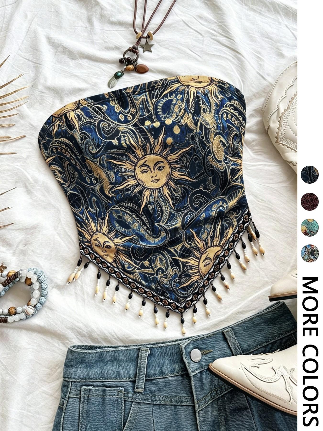 여성용 1피스 프린트 메쉬 니트 튜브탑(삼각형 밑단 및 - Beaded Trim Fringe 리뷰 및 가격